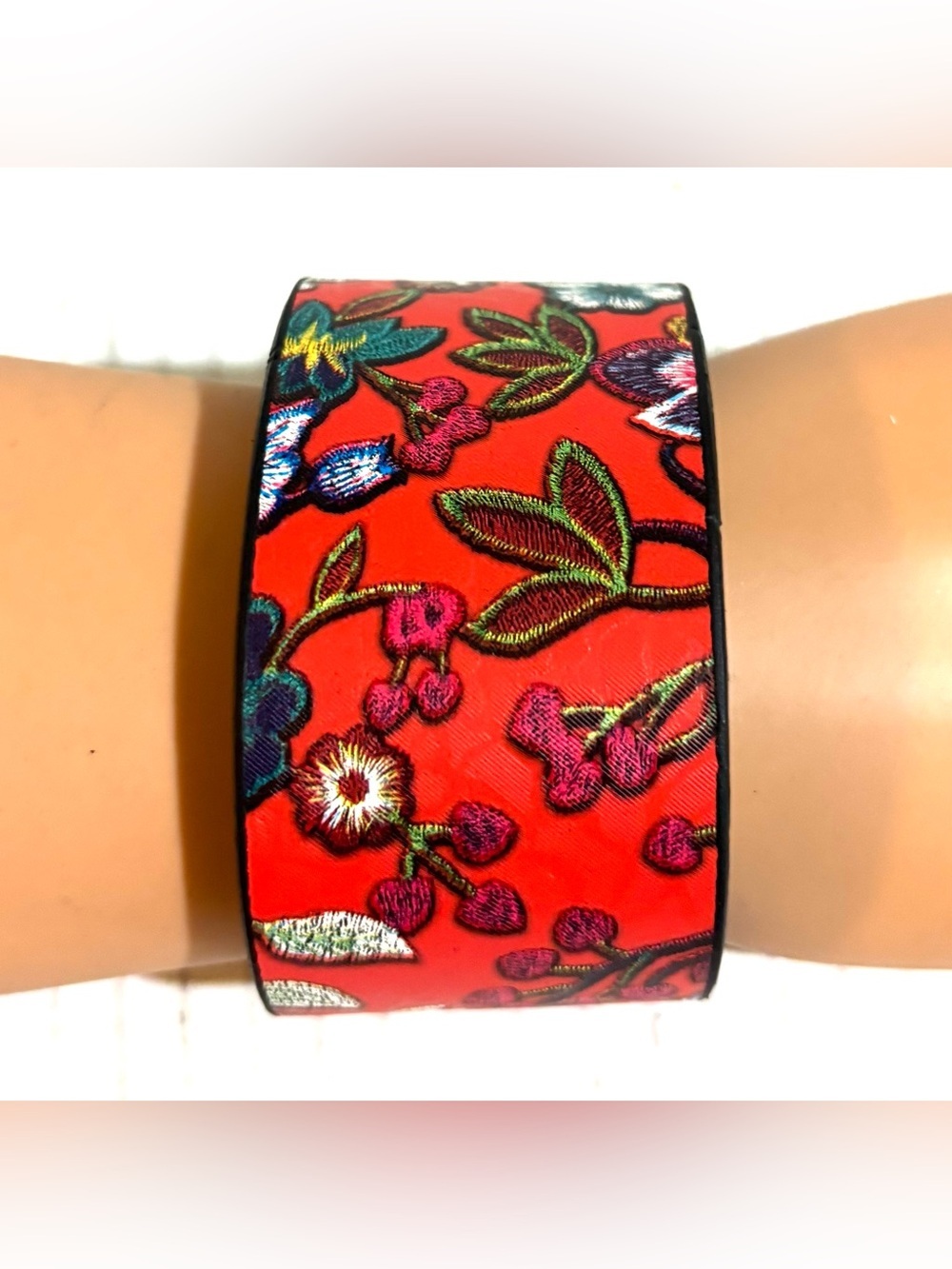 Red Floral Embroidered Cuff Bracelet
